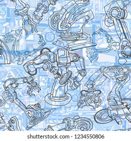 Vector seamless pattern. Industrial background with abstract robotic arms and industry or steampunk machines. Fantasy technology or factory illustration with decorative machine hand drawn elements.