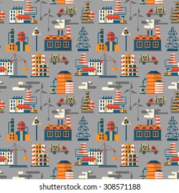 Vector seamless pattern industrial landscape with factory and houses.