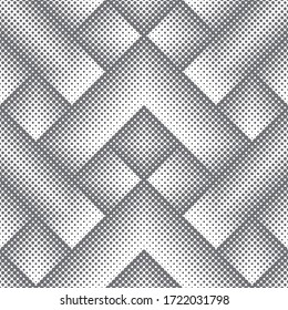 Vector seamless pattern. Infinitely repeating stylish modern texture consisting of dots of the different size which form geometrcial tiles with dotted zigzag shapes with halftone effect.