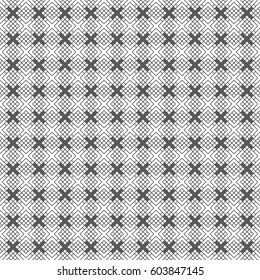 Vector seamless pattern. Infinitely repeating stylish elegant texture consisting of thin lines which form linear grid with rhombuses and crosses. Modern geometrical background.