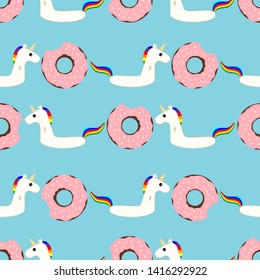 Vector seamless pattern with inflatable swim ring in the form of a sweet donut and inflatable unicorn. Summer holidays. Pool floating toys. Trendy design concept for summer fashion textile print.