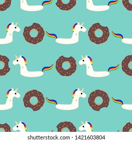 Vector seamless pattern with inflatable swim ring in the form of a sweet donut and inflatable unicorn. Summer holidays. Pool floating toys. Trendy design concept for summer fashion textile print.
