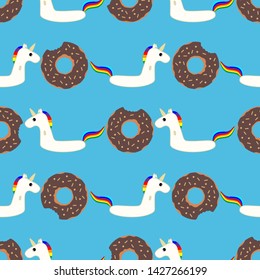 Vector seamless pattern with inflatable swim ring in the form of a sweet donut and inflatable unicorn. Summer holidays. Pool floating toys. Trendy design concept for summer fashion textile print.