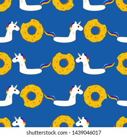 Vector seamless pattern with inflatable swim ring in the form of a sweet donut and inflatable unicorn. Summer holidays. Pool floating toys. Trendy design concept for summer fashion textile print.