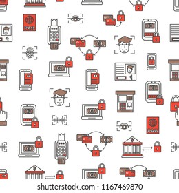 Vector seamless pattern with information security, data protection symbols. Thin line art flat style design security background, wallpaper.