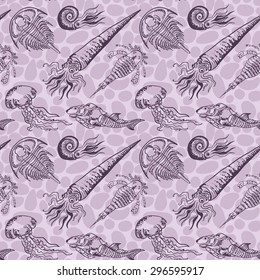 Vector seamless pattern with inhabitants of ancient ocean and sea of Paleozoic Eon. 