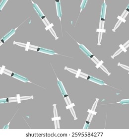 Vector seamless pattern of injections on grey background. Coronavirus, illness, disease, health sector concept textured repeatable pattern design with vaccine syringe injection tools. 