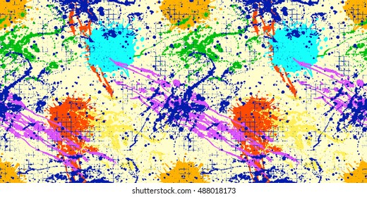 Vector seamless pattern with ink blots and brush strokes. Colorful creative artistic background in rainbow colors. Series of Drawn Creative Seamless Patterns and vector  Blots, Brush, Strokes.