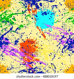 Vector seamless pattern with ink blots and brush strokes. Colorful creative artistic background in rainbow colors. Series of Drawn Creative Seamless Patterns and vector  Blots, Brush, Strokes.