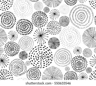 Vector seamless pattern with ink circle textures. Abstract seamless background with fireworks.