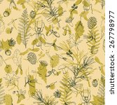 vector seamless pattern with ink drawing forest objects, seeds, leaves, twigs, pine cones, beatles, hand drawn natural illustration