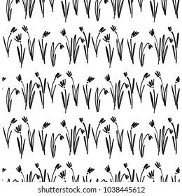 Vector seamless pattern of ink drawing wild plants, herbs and flowers, monochrome botanical illustration, floral elements, hand drawn repeatable background. Artistic backdrop.