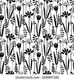 Vector seamless pattern of ink drawing wild plants, herbs and flowers, monochrome botanical illustration, floral elements, hand drawn repeatable background. Artistic backdrop.