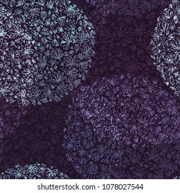 Vector seamless pattern of ink drawing wild plants, herbs and flowers combined in circles shapes, botanical illustration, floral elements, hand drawn repeatable background. Artistic backdrop.