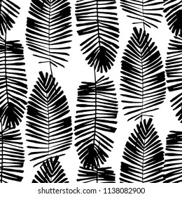 Vector seamless pattern of ink drawing wild plants, monochrome botanical illustration, floral elements, hand drawn repeatable background. Artistic backdrop with palm leaves.