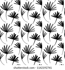 Vector seamless pattern of ink drawing wild plants, monochrome botanical illustration, floral elements, hand drawn repeatable background. Artistic backdrop with palm leaves.