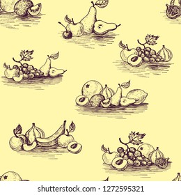 vector seamless pattern with ink drawing fruits, imitation engraving, hand drawn vintage illustration, food background