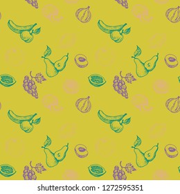 vector seamless pattern with ink drawing fruits, imitation engraving, hand drawn vintage illustration, food background