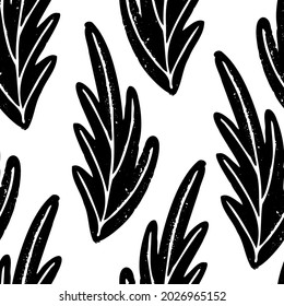 Vector seamless pattern with ink drawing leaves, monochrome artistic botanical background. Repeatable floral backdrop.