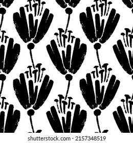 Vector seamless pattern of ink drawing wild plants, herbs and flowers, monochrome botanical illustration, floral elements, hand drawn repeatable background. Artistic backdrop.