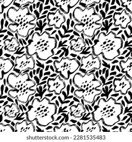 Vector seamless pattern with ink drawing wild flowers, monochrome artistic botanical illustration. Repeatable floral monochrome artistic backdrop.