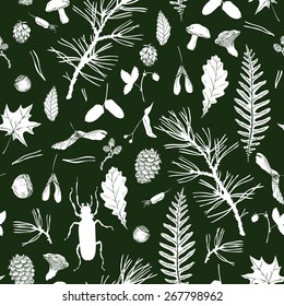 vector seamless pattern with ink drawing forest objects, seeds, leaves, twigs, pine cones, beatles, hand drawn  illustration