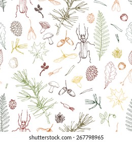 vector seamless pattern with ink drawing forest objects, seeds, leaves, twigs, pine cones, beatles, hand drawn  illustration