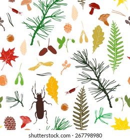 vector seamless pattern with ink drawing forest objects, seeds, leaves, twigs, pine cones, beatles, hand drawn  illustration