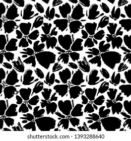 Vector seamless pattern with ink flowers, monochrome artistic botanical illustration, isolated floral elements, hand drawn illustration. Floral monochrome rough strokes as repeatable background.