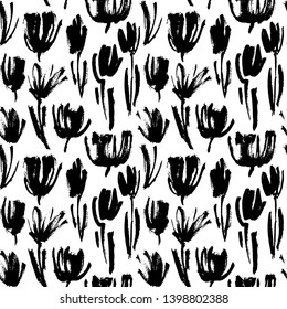 Vector seamless pattern with ink flowers, monochrome artistic botanical illustration, isolated floral elements, hand drawn illustration. Rough strokes as repeatable botanical background.