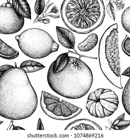 Vector seamless pattern with ink hand drawn citrus fruit, flowers, slice and leaves sketch. Vintage citrus background