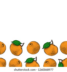 Vector seamless pattern with ink hand drawn citrus fruit, slices and leaves sketch. Mandarin orange, tangerine isolated on white background. Detailed vegetarian food  illustration