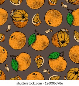 Vector seamless pattern with ink hand drawn citrus fruit, slices and leaves sketch. Mandarin orange, tangerine on gray background. Detailed vegetarian food  illustration
