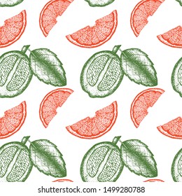 Vector seamless pattern with ink hand drawn fruits for food and restaurant design. Vintage fruit background for restaurant and vegetarian food.
