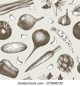 Vector seamless pattern with ink hand drawn vegetables and spices. Vintage food background isolated on white