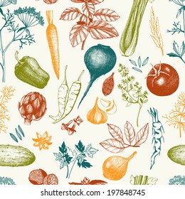 Vector seamless pattern with ink hand drawn vegetables, herbs and spices. Decorative food background.