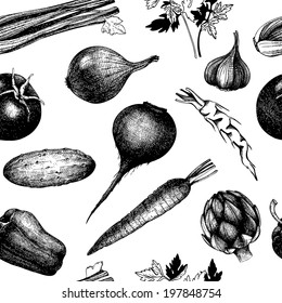 Vector seamless pattern with ink hand drawn vegetables and spices. Decorative food background isolated on white