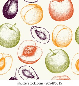 Vector seamless pattern with  ink hand drawn fruits and berries for food and restaurant design. Vintage fruit background for restaurant and vegetarian food.