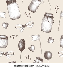 Vector seamless pattern with ink hand drawn mason jars for wedding decoration. Vintage decorative background with glass canning jars and wedding design elements isolated on white.