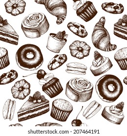 Vector seamless pattern with  ink  hand drawn cakes and pastries illustration isolated on white. Vintage bakery background.