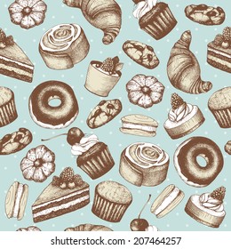 Vector seamless pattern with  ink  hand drawn cakes and pastries illustration isolated on mint background. Vintage bakery background.