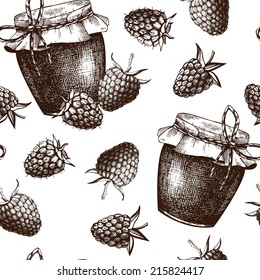 Vector seamless pattern with ink hand drawn raspberry jam jar and berries on white background. Harvest autumn background