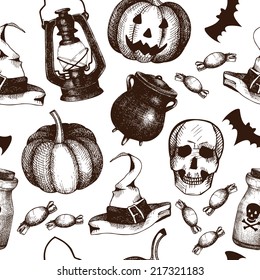 Vector seamless pattern with ink hand drawn halloween illustration. Vintage background for halloween design isolated on white
