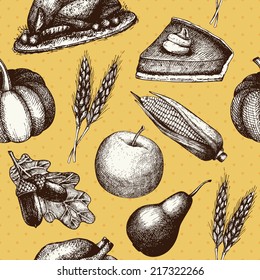 Vector seamless pattern with ink hand drawn thanksgiving day illustration. Harvest vintage background with traditional autumn fruits and vegetables isolated on orange