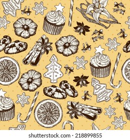 Vector seamless pattern with ink hand drawn Christmas and New year's elements and illustrations for holiday greeting card or invitation design. Vintage background with mulled wine and Christmas sweets