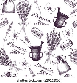 Vector Seamless Pattern With  Ink Hand Drawn Lavender Illustration In Lilac Color. Vintage Background With Lilac Lavender Flowers Sketch Isolated On White