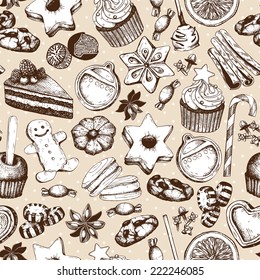 Vector seamless pattern with ink hand drawn Christmas sweets and pastries illustration. Vintage bakery background.