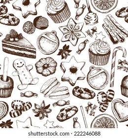 Vector seamless pattern with ink hand drawn Christmas sweets and pastries illustration isolated on white. Vintage bakery background.