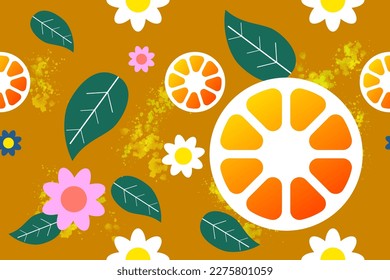 Vector seamless pattern with ink hand drawn orange fruit, flowers and leaves sketch.Seamless pattern with fresh cut slice orange fruit.Tangerine.Organic fruit.Cartoon style.Vintage citrus.