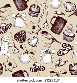 Vector seamless pattern with ink hand drawn Christmas and New year's elements and illustrations for holiday greeting card or invitation design. Christmas background 